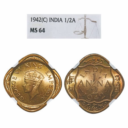 George VI, Nickel-Brass, 1/2 Anna, 1942, Calcutta Mint, Dots by India, Dashes by year. F. 