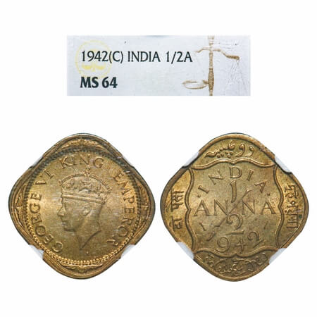 George VI, Nickel-Brass, 1/2 Anna, 1942, Calcutta Mint, Dots by India, Dashes by year. F. 