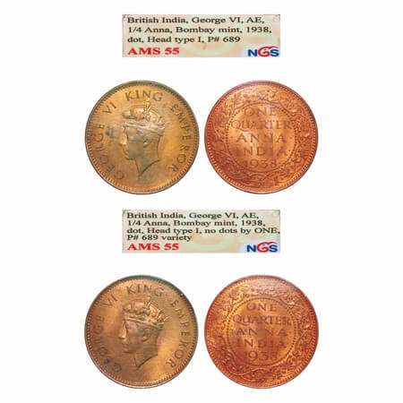 George VI, Bronze, Quarter Anna, (2 slabs), 1938, Bombay Mint, Dot, Head Type I, 1) No dot