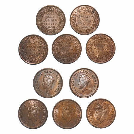 George VI, Bronze, Quarter Anna, (lot of 5 coins), Bombay Mint, Dot, 1) 1938, Head Type I,