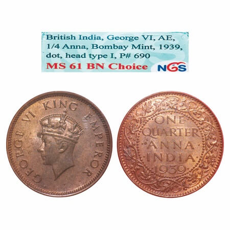 George VI, Bronze, Quarter Anna, 1939, Bombay Mint, Dot, Head Type I. F. Prid 690. GK 1422