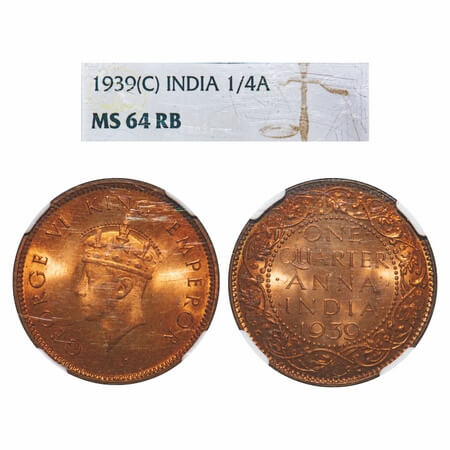 George VI, Bronze, Quarter Anna, 1939, Calcutta Mint, No dot, Head Type I. F. Prid 685. GK