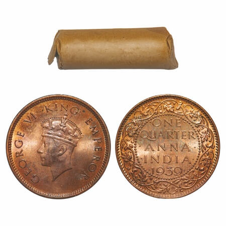 George VI, Bronze, Quarter Anna, (Roll of 32 coins), 1939, Calcutta Mint, Head Type II, No