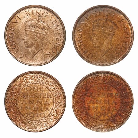 George VI, Bronze, Quarter Anna, 1940, (2 coins), 1) Bombay Mint, Head Type II, Dot, 2) Ca
