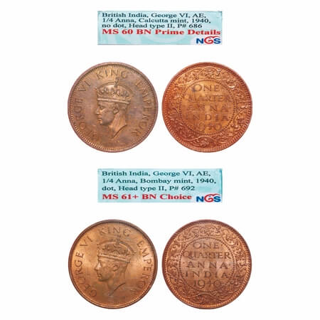 George VI, Bronze, Quarter Anna, (2 slabs), 1940, 1) Bombay Mint, Dot, Head Type II, 2) Ca
