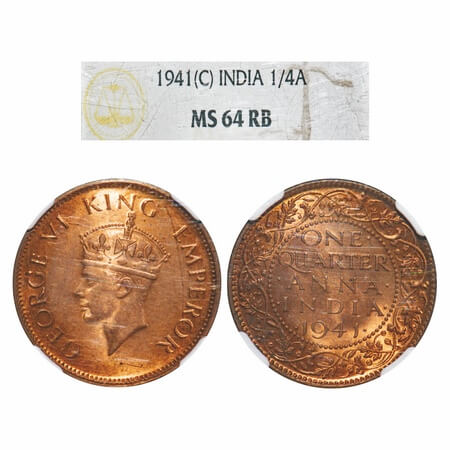 George VI, Bronze, Quarter Anna, 1941, Calcutta Mint, No dot, Head Type II. F. Prid 687. G