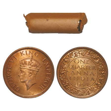 George VI, Bronze, Quarter Anna, (Roll of 32 coins), 1941, Calcutta Mint, Head Type II, No