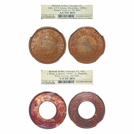 George VI, Bronze, (2 slabs), 1) 1 Pice, 1945, Lahore Mint, 'L' raised, Flat Crown, 2) 1/1
