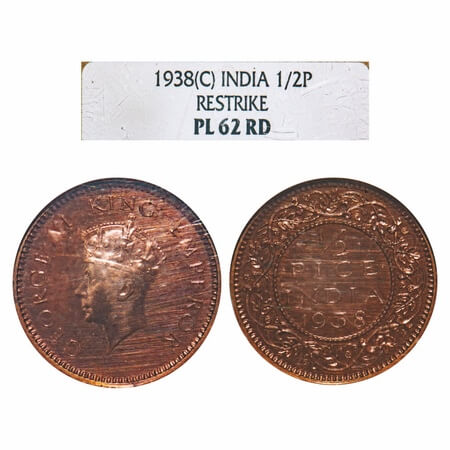 George VI, Bronze, 1/2 Pice, 1938, Proof Like, Calcutta Mint, No dot, Head Type I. F. Prid