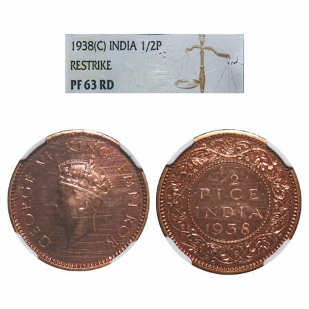 George VI, Bronze, 1/2 Pice, 1938, Proof Like, Calcutta Mint, No dot, Head Type I. F. Prid