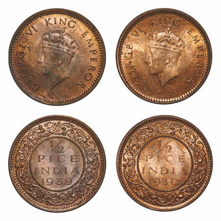 George VI, Bronze, 1/2 Pice, (2 coins), 1) 1939, Bombay Mint, Head Type I, Dot, 2) 1940, C