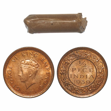 George VI, Bronze, 1/2 Pice, (Roll of 24 coins), 1939, Calcutta Mint, No dot, Head Type I.