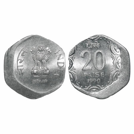 20 Paise, 1990, Aluminium, 2.16g, Calcutta Mint, Error Die Shift, Uncirculated, Scarce.