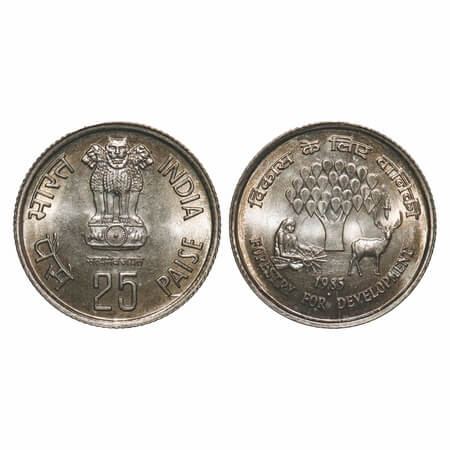 25 Paise, 1985, Copper-Nickel, 2.51g, Forestry for Development, Bombay Mint. Die crack on 