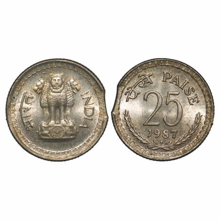 25 Paise, 1987, Copper-Nickel, 2.51g, Hyderabad Mint, Die Clip Error. About Uncirculated, 