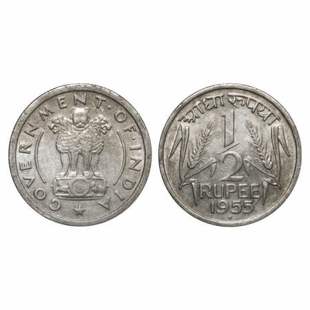 1/2 Rupee, 1955, Nickel, 5.91g, Bombay Mint. Die crack on reverse. Uncirculated, Scarce.