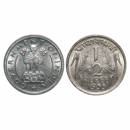1/2 Rupee, 1955, Nickel, 5.91g, Bombay Mint. Brilliant Uncirculated, Scarce.