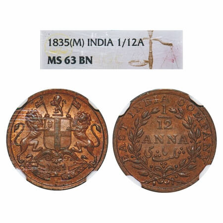 William IV, Copper, 1/12 Anna, 1835, Madras Mint, Rev II, Wreath with 13 Berries (6L + 7R)