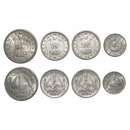 1, 1/2, 1/4, (4 Coins), Nickel, 1 Rupee 1950 Bombay Mint, 1/2 Rupee 1954 (2 pcs) Calcutta 