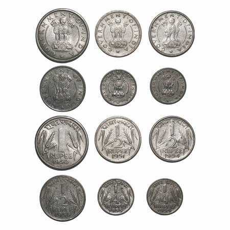 1, 1/2, 1/4, (6 Coins), Nickel, 1 Rupee 1950 Bombay Mint, 1/2 Rupee 1951 Bombay Mint, 1/2 