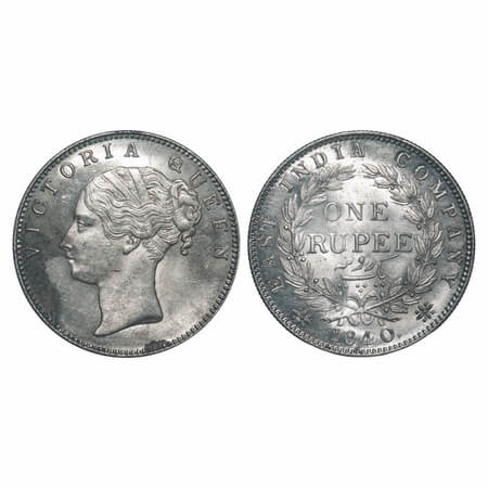 Victoria Queen, Silver, Rupee, 1840, CL, Calcutta Mint, A/I, English Head, With bud leaves
