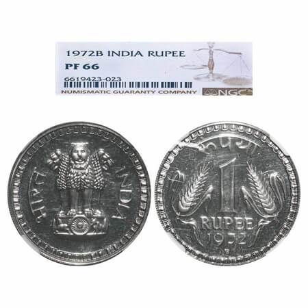 1 Rupee, 1972 Proof, Copper-Nickel, Bombay Mint, NGC graded PF 66. Rare.