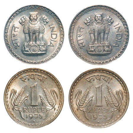 1 Rupee, (2 Coins), 1975, Copper-Nickel, Bombay Mint, 1) experimental obv, this lion obver