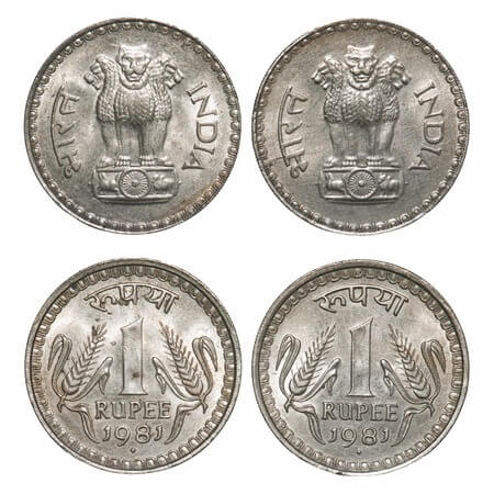 1 Rupee (2 Coins), 1981, Copper-Nickel, 8.00g, Bombay Mint, two different Lions. About Unc