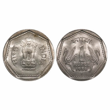1 Rupee, 1986, Copper-Nickel, 6.00g, Hyderabad Mint. Uncirculated, Very Scarce.