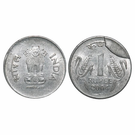 1 Rupee, 2004, FSS, 4.98g, Hyderabad Mint, struck through Error (extra metal) on reverse, 