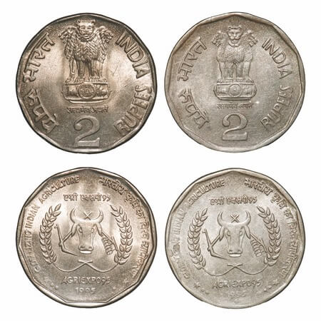 2 Rupees, (2 coins), 1995, Copper-Nickel, 6.00g, Globalising Indian Agriculture - Agri Exp