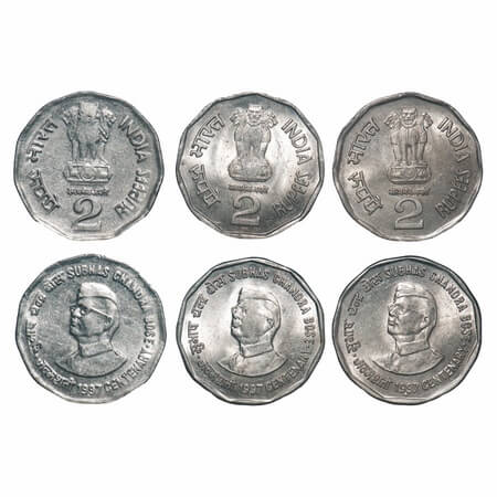 2 Rupees, 1997, (3 Coins) Copper-Nickel, Subhash Chandra Bose, Bombay, Calcutta, Noida Min