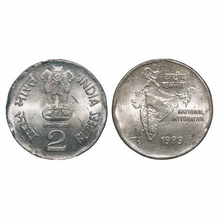 2 Rupees. 1999, Copper-Nickel, 6.20g, National Integration. Calcutta Mint. type D lion, re