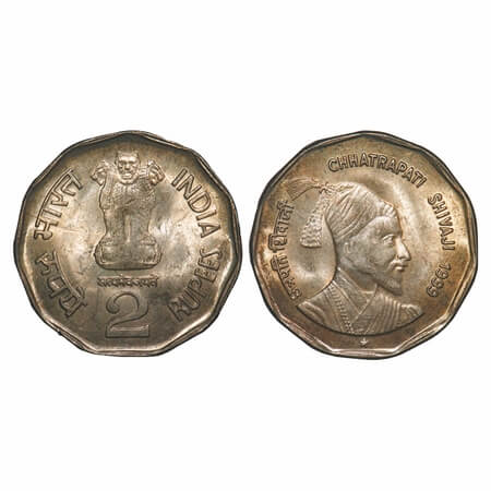 2 Rupees, 1999, Copper-Nickel, 6.04g, Chhatrapati Shivaji Maharaj, Hyderabad Mint. Uncircu