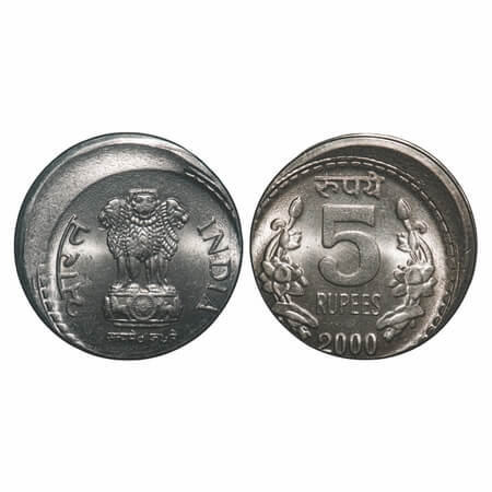 5 Rupees, 2000, Copper-Nickel, 9.09g, Error Die shift. Brilliant Uncirculated. Scarce.