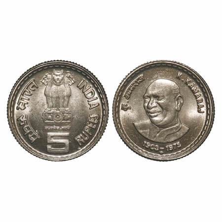 5 Rupees, 2004, Copper Nickel, 9.04g, K Kamraj, Hyderabad Mint. Mint State, Scarce.