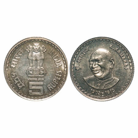 5 Rupees, (2004), Copper-Nickel, K.Kamraj (1903-1975). Mumbai Mint. Inagural Strike. Uncir