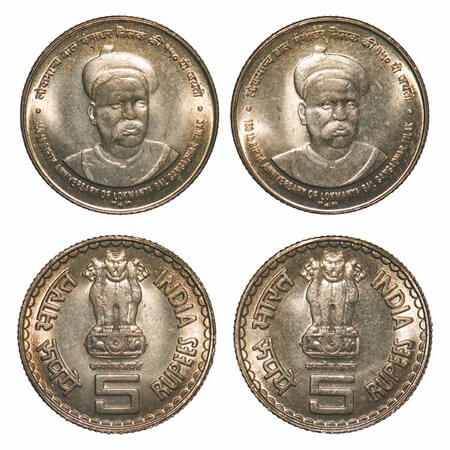 5 Rupees, (2 Coins), 2007, Copper-Nickel, Mumbai Mint, 150th Birth Anniversary of Lokmanya