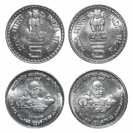 5 Rupees, (2 coins), 2007, FSS, 50 Years of Khadi & Village Industries commission, Bombay 