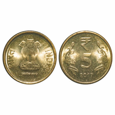 5 Rupees, 2017, Ni-Br, 6.04g, Noida Mint, Mule (1 Rupee, Lion die on obverse). Brilliant U