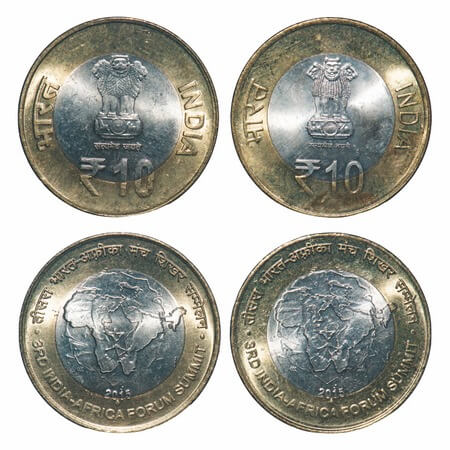 10 Rupees, (2 Coins), 2016, Bimetal, India Africa Forum Summit 2016, Bombay mint, 1) thin