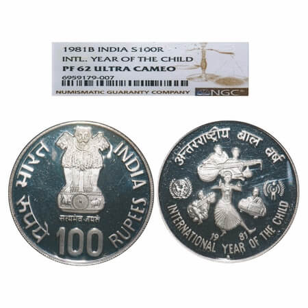 100 Rupees, 1981 Proof, 29.00g, International Year of Child, Bombay Mint, NGC graded PF 62