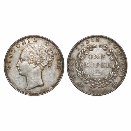 Victoria Queen, Silver, Rupee, 1840, CL, Bombay Mint, A/I, English Head, With bud leaves a
