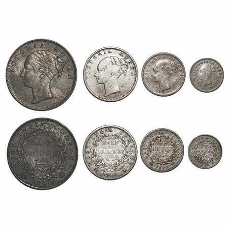 Victoria Queen, Silver, (4 coins) CL, 1) Rupee, 1840, Bombay Mint, A/I, English Head, With