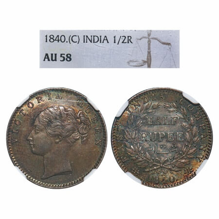 Victoria Queen, Silver, Half rupee, 1840, CL, Calcutta Mint, A/I, Wreath with 19 Berries (