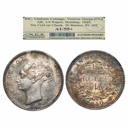 Victoria Queen, Silver, 1/4 Rupee, 1840, CL, Bombay Mint, B/I, English Head with modified 