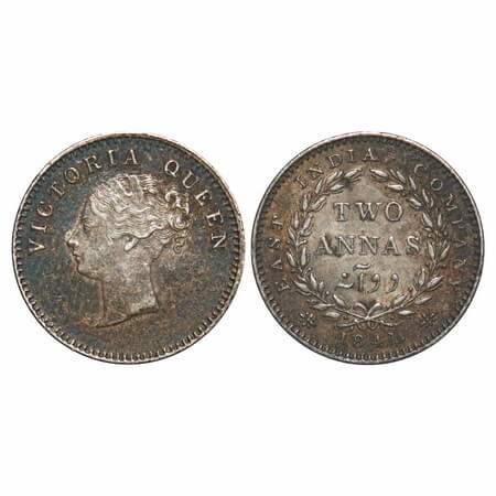 Victoria Queen, Silver, 2 Annas, 1841, CL, Calcutta Mint, A(a)/I, Plain edge, With curl of