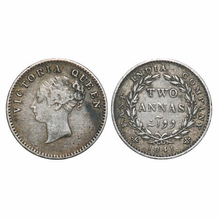 Victoria Queen, Silver, 2 Annas, 1841, CL, Calcutta Mint, A(a)/I, Plain edge, With curl of