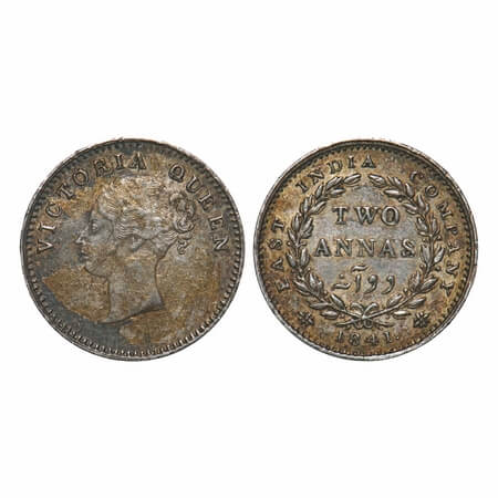 Victoria Queen, Silver, 2 Annas, 1841, CL, Calcutta Mint, A(a)/I, Plain edge, With curl of