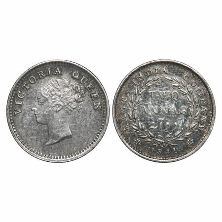 Victoria Queen, Silver, 2 Annas, 1841, CL, Bombay Mint, A(a)/I, With curl of hairs on 1st 